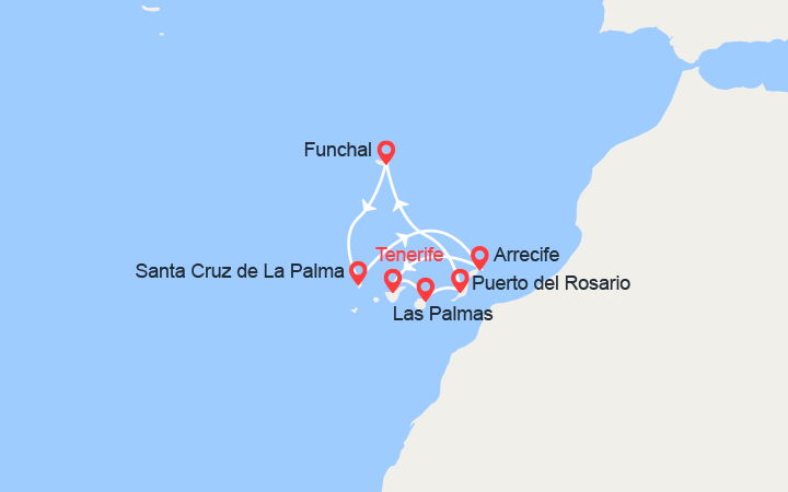 Carte itinéraire croisière Iles Canaries & Madère : Fuerteventura, Madère, La Palma, Lanzarote...