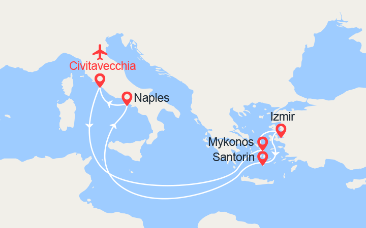 Carte itinéraire croisière Iles grecques, Turquie, Italie II Vols Inclus