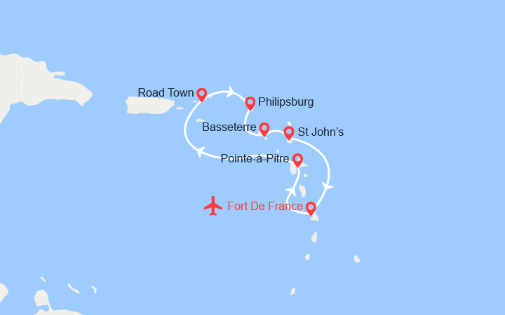 Carte itinéraire croisière Iles Vierges, St Martin, St Kitts, Antigua || Vols inclus