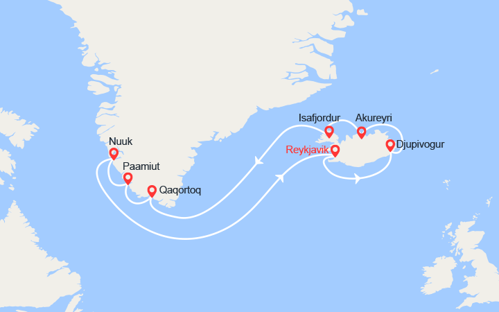 Carte itinéraire croisière Islande et Groenland