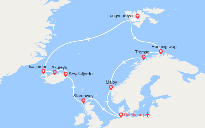 Carte itinéraire croisière Islande, Spitzberg, Norvège II Vols inclus