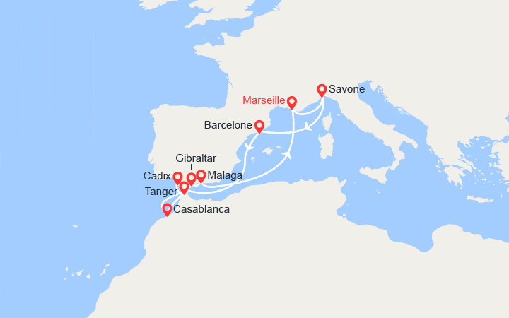 Carte itinéraire croisière Italie, Espagne, Maroc, Gibraltar