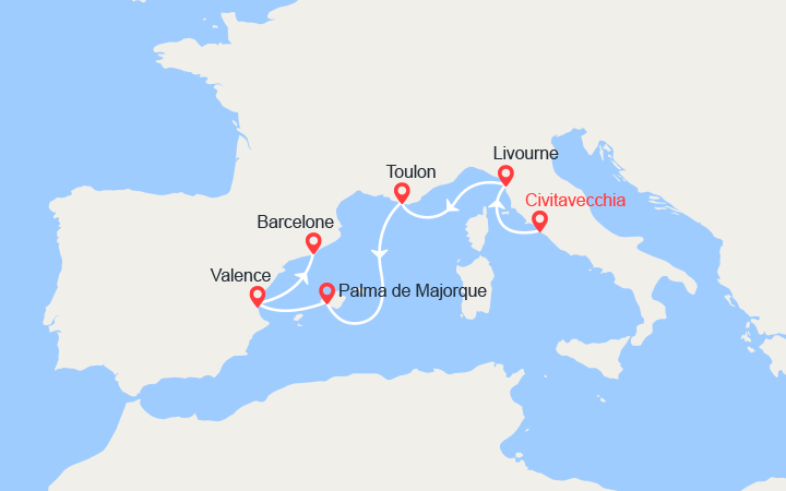 Carte itinéraire croisière Italie, France et Espagne
