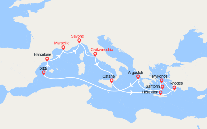 Carte itinéraire croisière Italie, Iles Grecques, Espagne