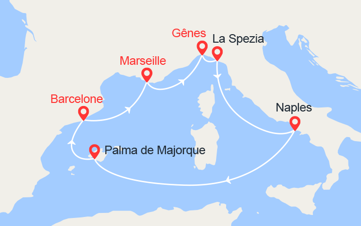 Carte itinéraire croisière Italie, Majorque, Espagne, Provence
