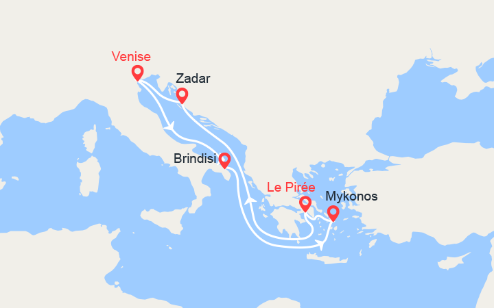 Carte itinéraire croisière Italie, Mykonos, Athènes, Croatie