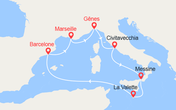 Carte itinéraire croisière Italie, Sicile, Malte, Barcelone