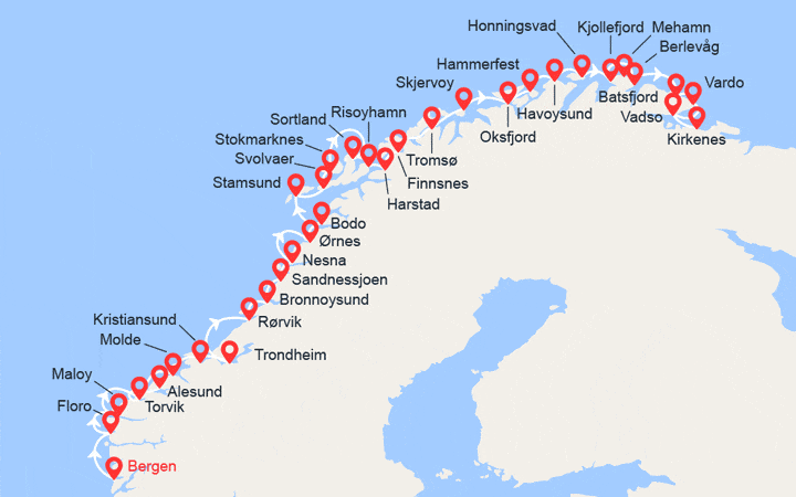 Carte itinéraire croisière La Norvège de Bergen à Kirkenes