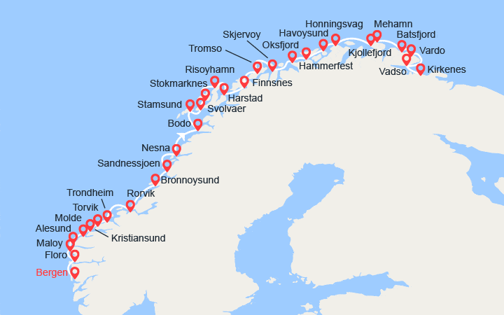 Carte itinéraire croisière La Norvège de Bergen à Kirkenes