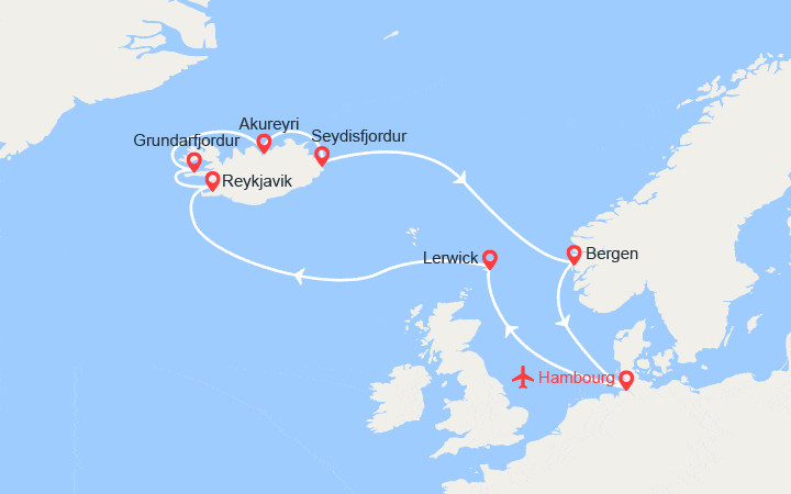 Carte itinéraire croisière Le tour de l'Islande et Allemagne, Norvège - Vols inclus