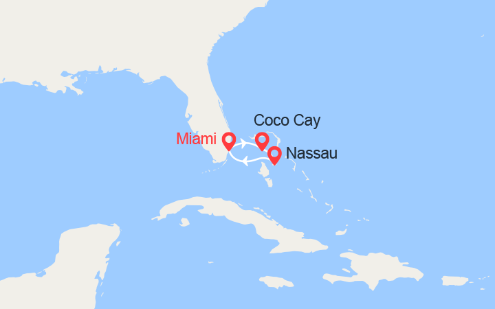 Carte itinéraire croisière Les Bahamas : CocoCay, Nassau