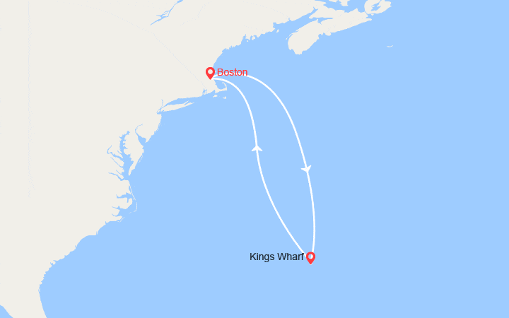Carte itinéraire croisière Les Bermudes: Boston, Royal Naval Dockyard