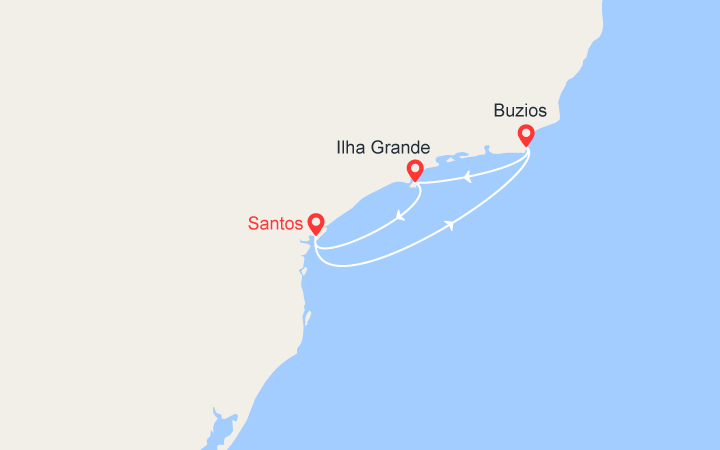 Carte itinéraire croisière Minicroisière au Brésil: Santos, Ilha Grande, Buzios