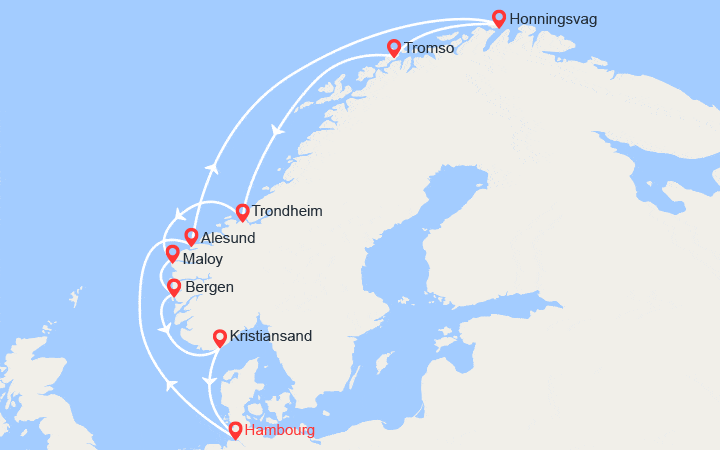 Carte itinéraire croisière Norvège et Cap Nord