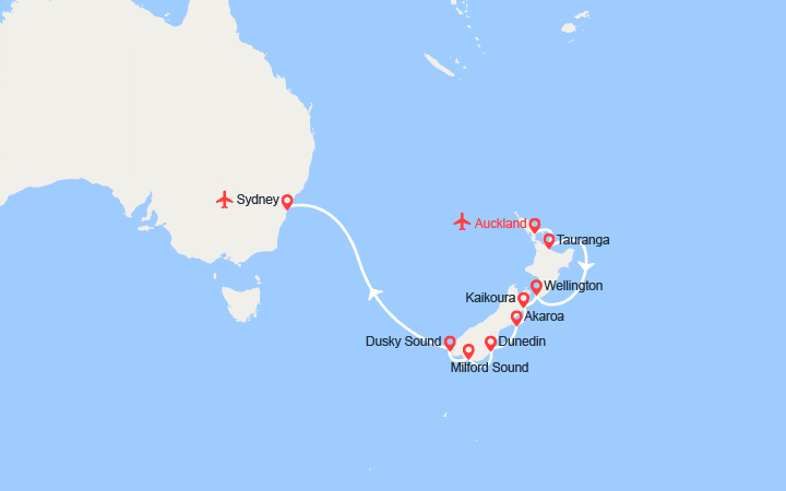 Carte itinéraire croisière Nouvelle-Zélande et Australie