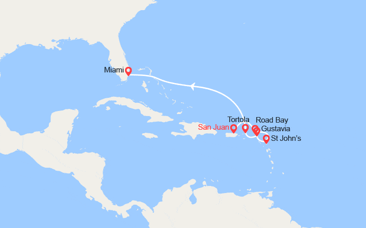 Carte itinéraire croisière Porto Rico, Anguilla, Antigua et Barbuda, St Barthélemy, îles Vierges, États-Unis