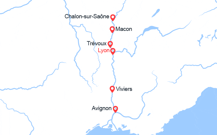 Carte itinéraire croisière Provence, Camargue, Bourgogne