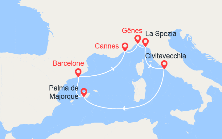 Carte itinéraire croisière Provence, Italie, Baléares, Barcelone