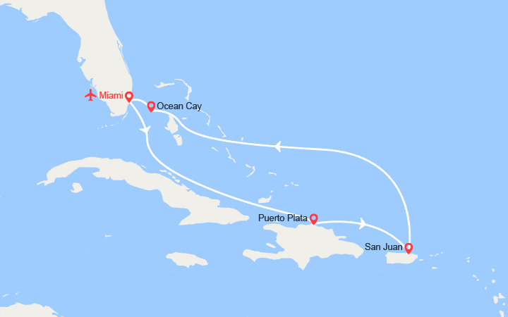 Carte itinéraire croisière Rép. Dominicaine, Porto Rico, Bahamas - Vols + 1 nuit d'hôtel inclus