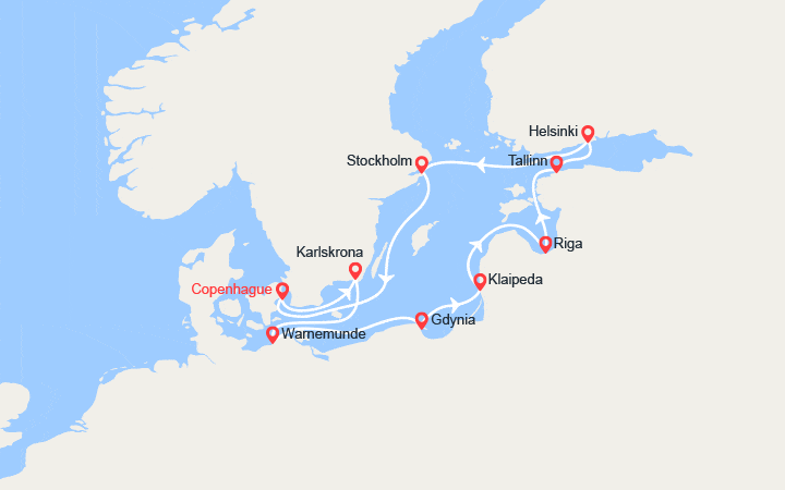 Carte itinéraire croisière Suède, Allemagne, Pologne, Lituanie, Lettonie, Estonie, Finlande