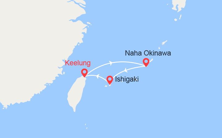 Carte itinéraire croisière Taïwan, Japon: Naha, Ishigaki, Keelung