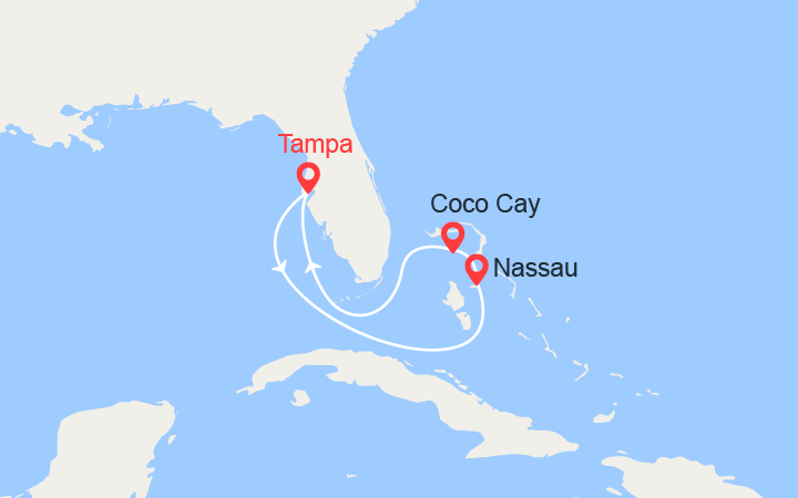 Carte itinéraire croisière Tampa, Nassau, CocoCay