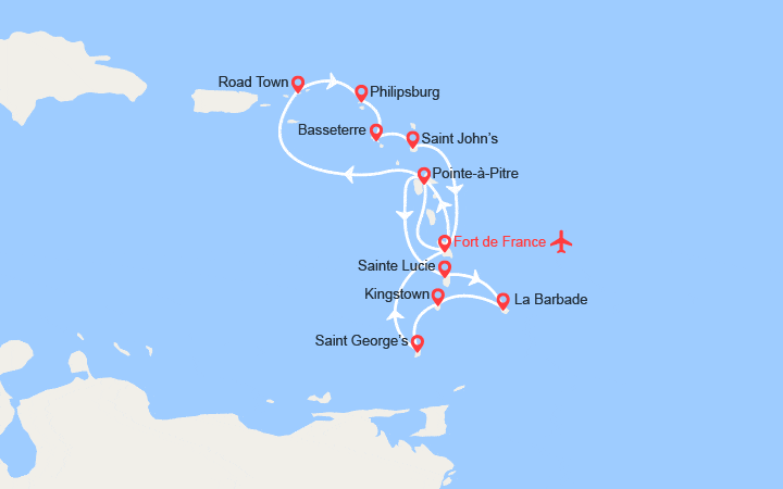 Carte itinéraire croisière Tortola, St Kitts, Martinique, Guadeloupe, Ste Lucie, Barbade... - Vols inclus