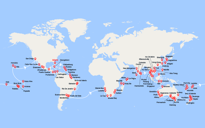 Carte itinéraire croisière Tour du Monde 2025