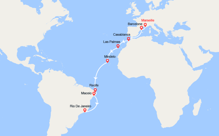 Carte itinéraire croisière Tour du Monde 2025 : de Marseille a Rio de Janeiro
