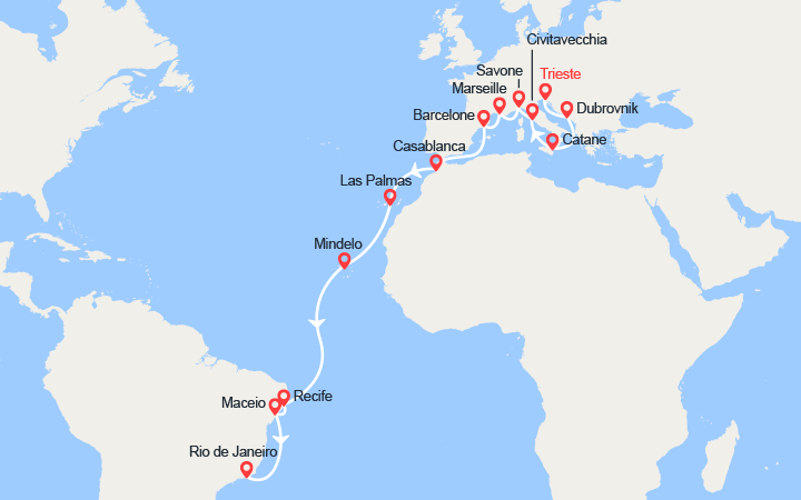 Carte itinéraire croisière Tour du Monde 2025 : de Trieste à Rio de Janeiro