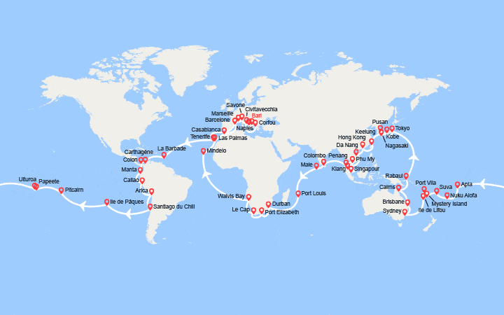 Carte itinéraire croisière Tour du Monde 2026 : au départ de Bari