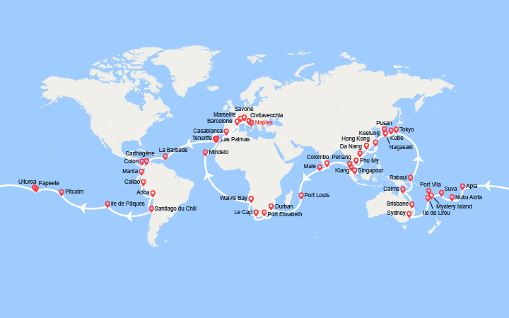 Carte itinéraire croisière Tour du Monde 2026 de Naples à Civitavecchia