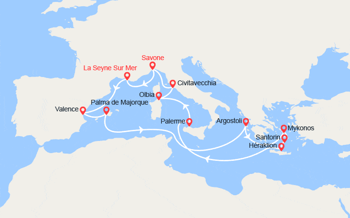 Carte itinéraire croisière Toute la Méditerranée : Espagne, Baléares, Grèce, Italie