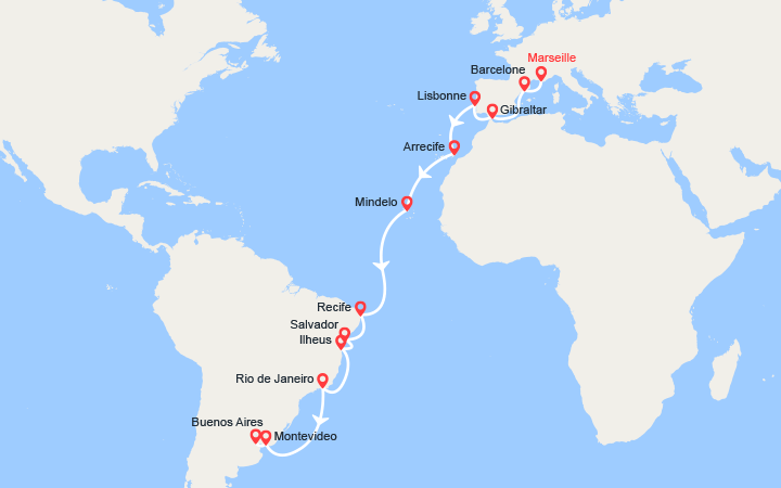 Carte itinéraire croisière Transatlantique : de Marseille à Buenos Aires