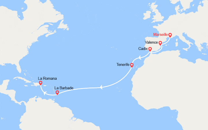Carte itinéraire croisière Transatlantique : De Marseille à La Romana