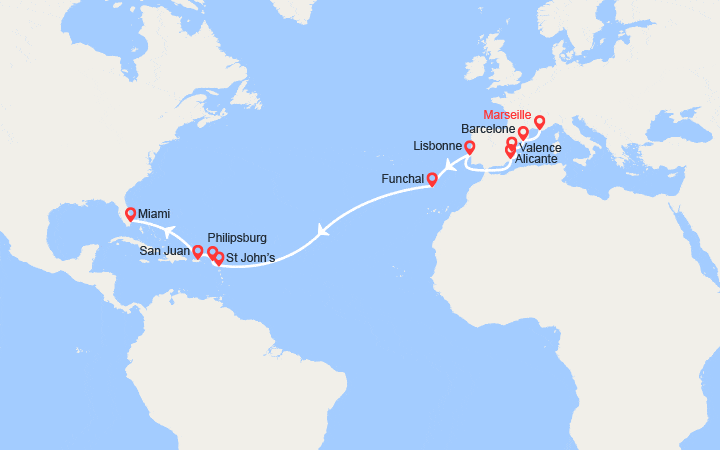 Carte itinéraire croisière Transatlantique : de Marseille à Miami