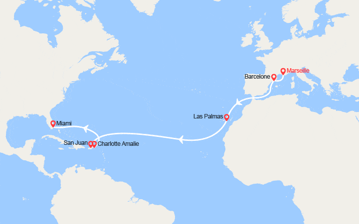 Carte itinéraire croisière Transatlantique : de Provence en Floride