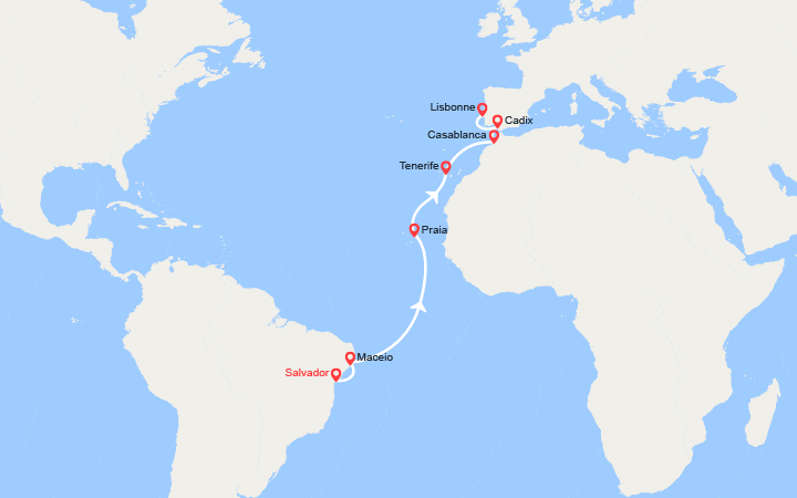 Carte itinéraire croisière Transatlantique : du Brésil jusqu'en Espagne