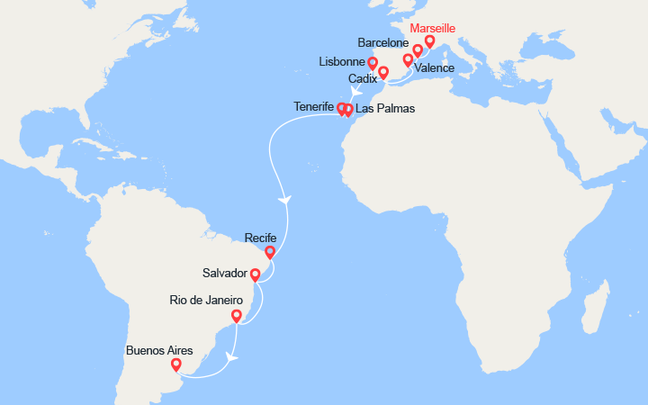 Carte itinéraire croisière Transatlantique vers l'Amérique du Sud: de Marseille à Buenos Aires