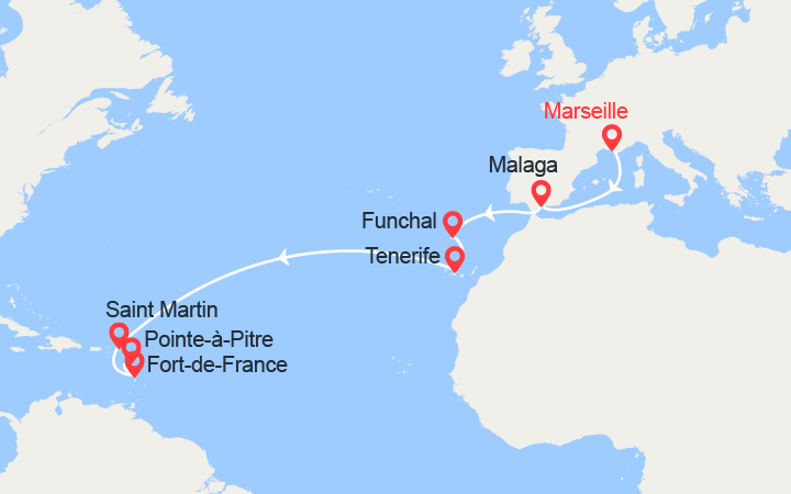 Carte itinéraire croisière Transatlantique vers les Antilles : de Marseille à Pointe-à-Pitre