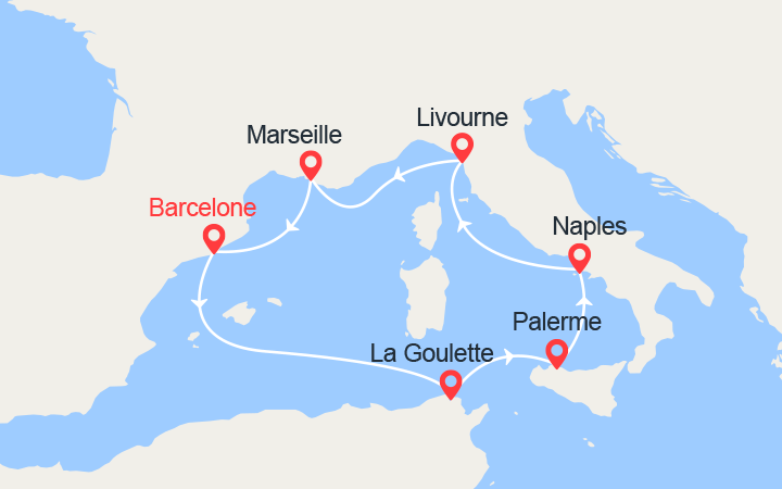 Carte itinéraire croisière Tunisie, Sicile, Italie, Provence