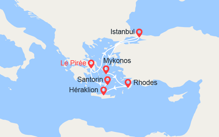 Carte itinéraire croisière Turquie, Grèce: Istanbul, Rhodes, Heraklion...