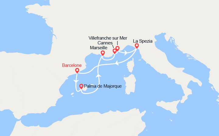 Carte itinéraire croisière Valence, Palma de Majorque, Marseille, Villefranche, Cannes