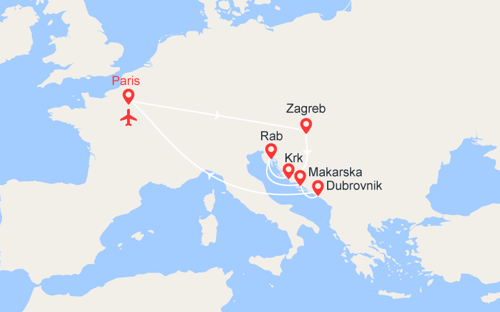 Carte itinéraire croisière Yachting en Croatie : de Zagreb à Dubrovnik - Vols inclus