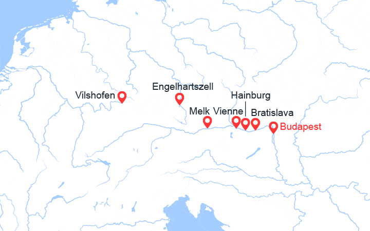 Carte itinéraire croisière Danube : de Budapest à Vilshofen via Bratislava, Vienne et la vallée de la Wachau