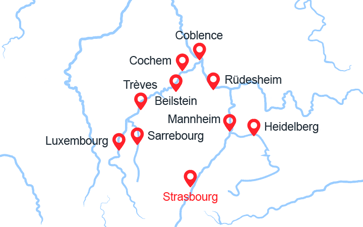 Carte itinéraire croisière 4 FLEUVES : les vallées du Neckar, du Rhin romantique, de la Moselle et de la Sarre (RSB)