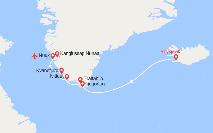 Carte itinéraire croisière À la découverte du Groenland - De Reykjavík à Nuuk
