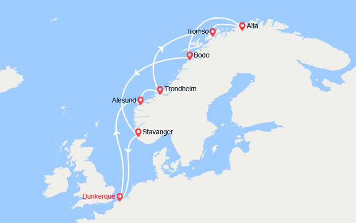 Carte itinéraire croisière À la recherche des Aurores Boréales