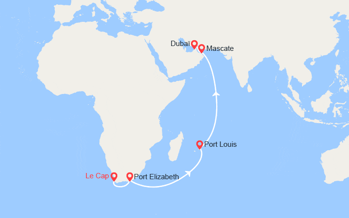 Carte itinéraire croisière Afrique du Sud, Maurice, Oman, Émirats arabes unis