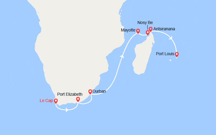 Carte itinéraire croisière Afrique du Sud, Mayotte, Madagascar, Maurice
